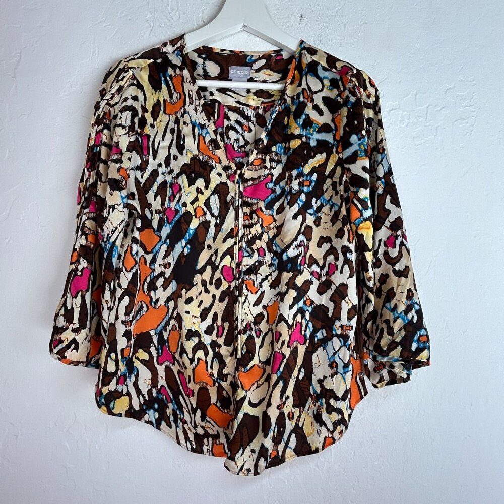 Chico's Womens Multicolor Animal Print 3/4 Sleeve V-Neck Blouse Size 0, US 4/6